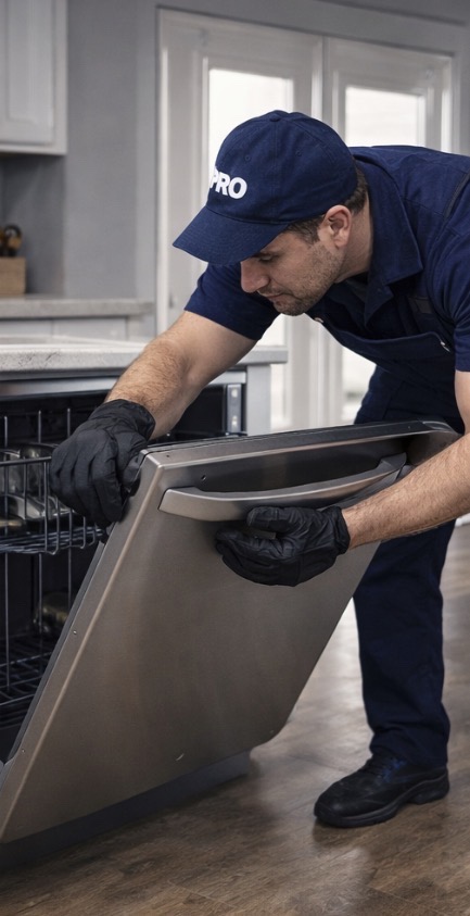 Dishwasher after repair with clean interior and final test cycle