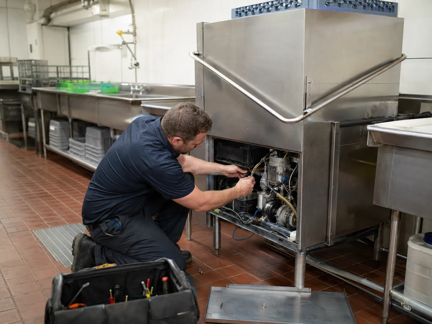 Technician repairing commercial dishwasher lower components