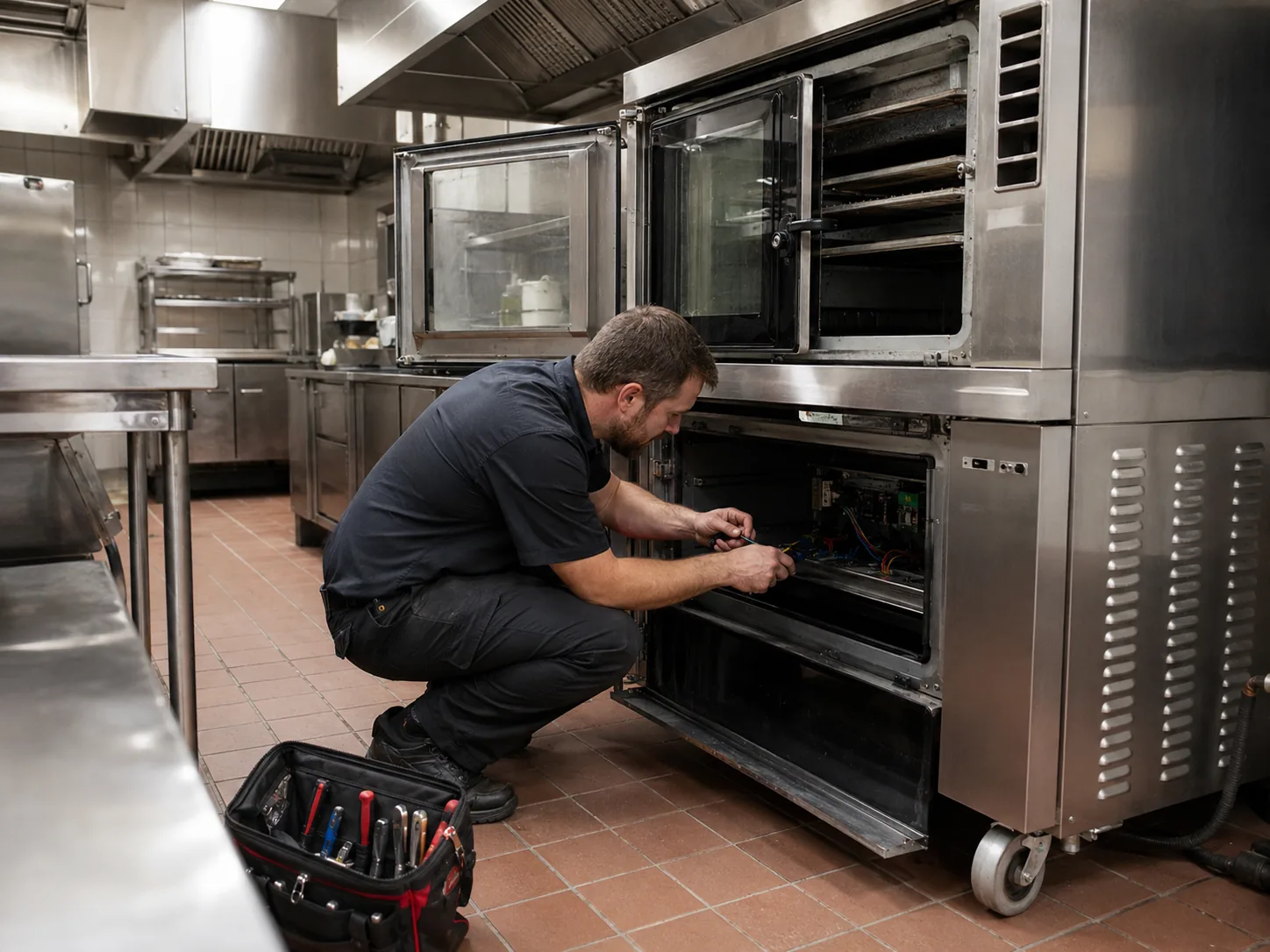 Technician repairing commercial oven in restaurant kitchen