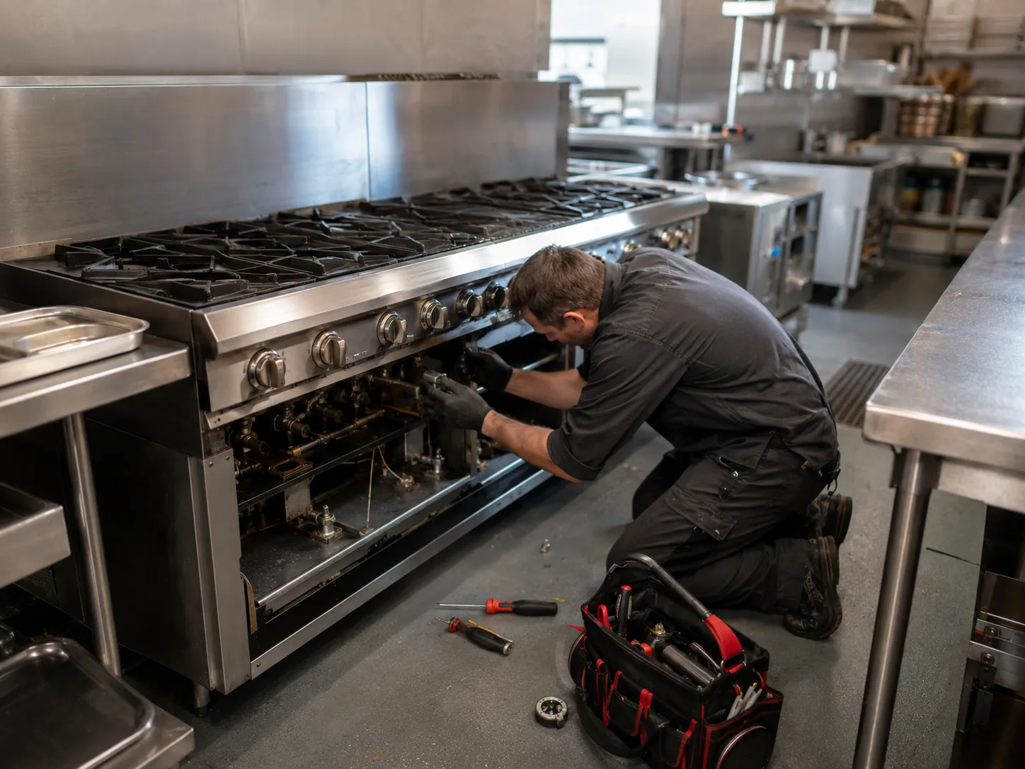 Technician repairing commercial gas range in kitchen