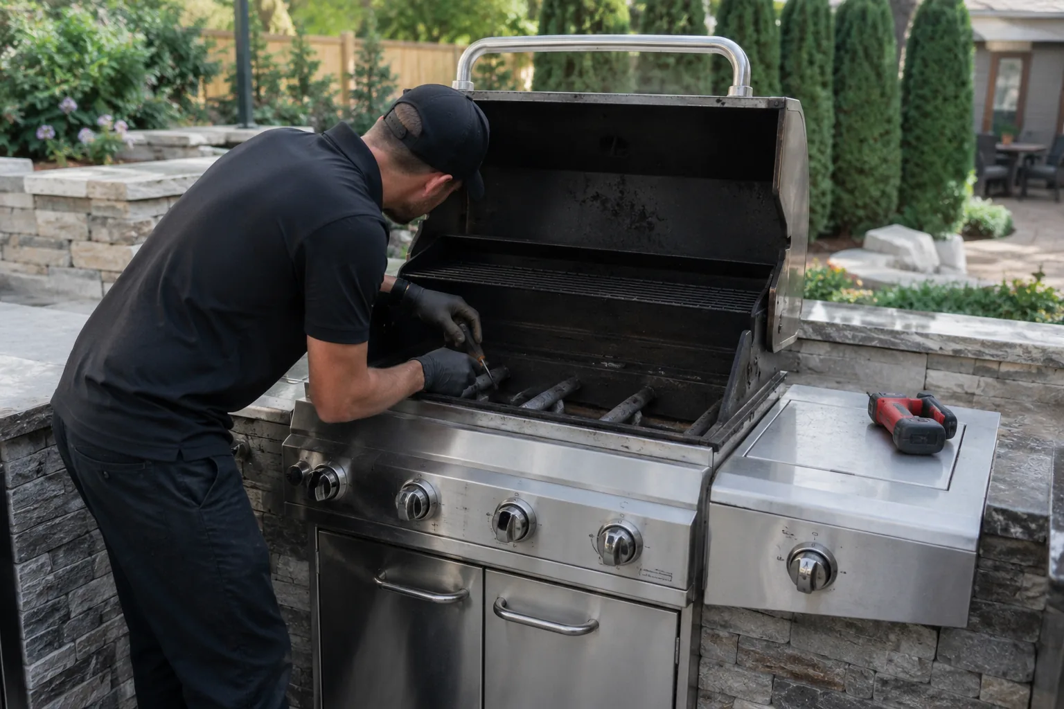 Technician servicing a gas grill burner assembly