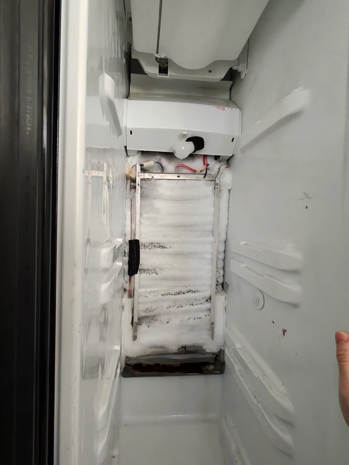 Freezer frost buildup showing a defrost or airflow problem before repair