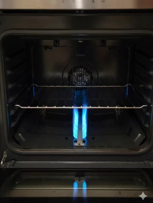 Gas burner closeup during stove ignition and flame check