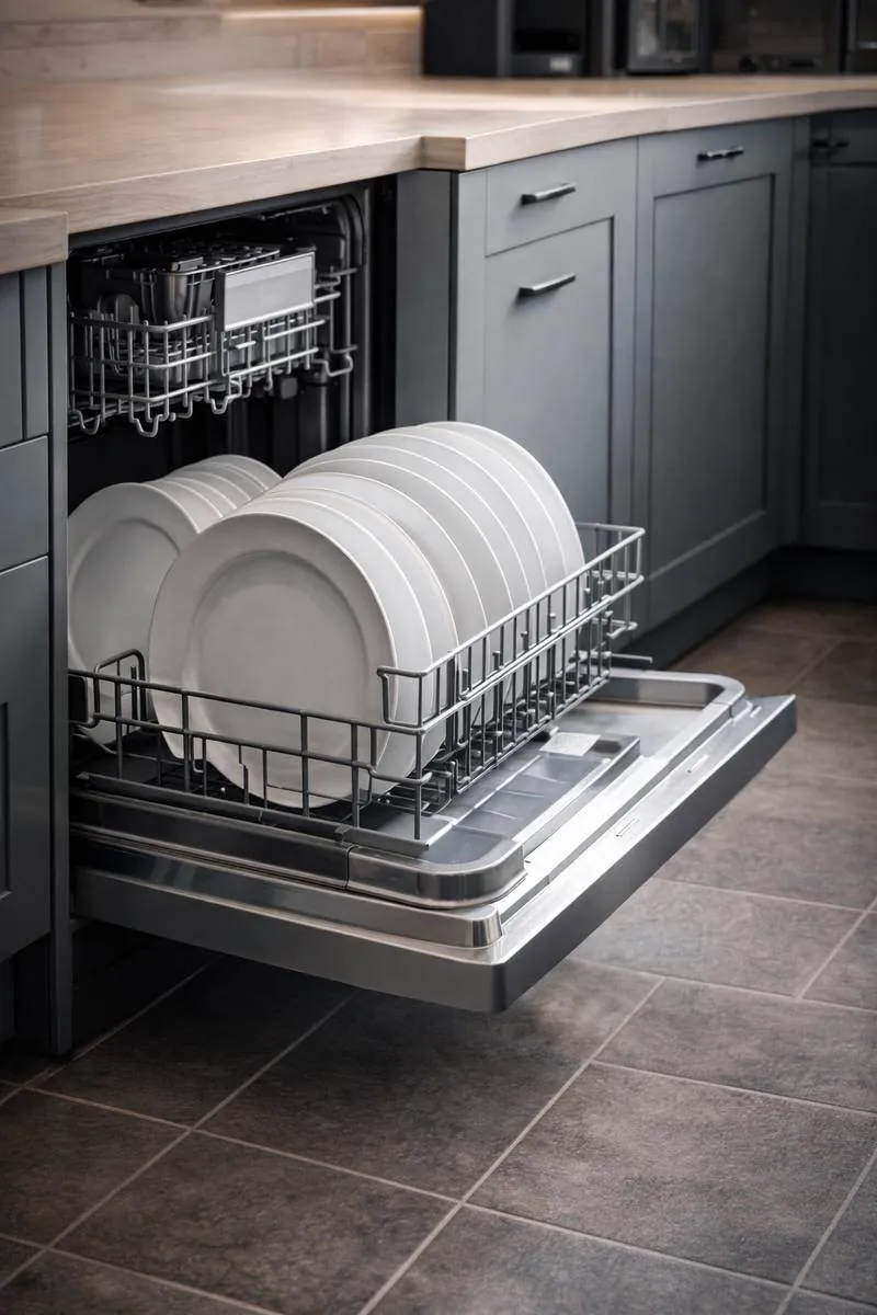 Open dishwasher inspected for cleaning and drain issues