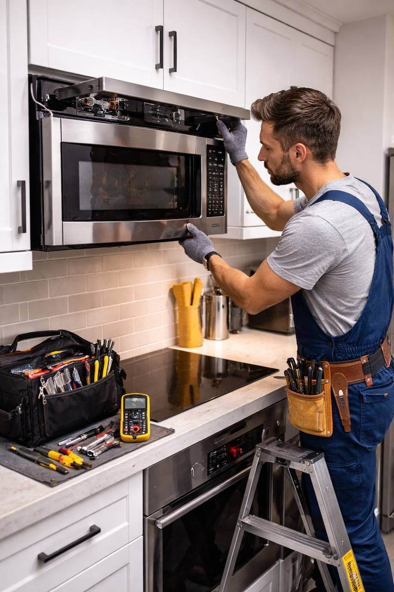 Technician area during microwave repair and safety inspection