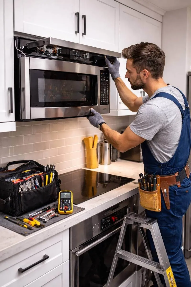Microwave opened for technician diagnosis