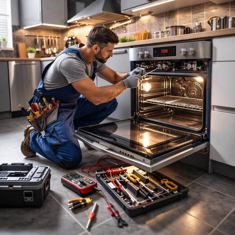 Technician working on oven controls and heating components