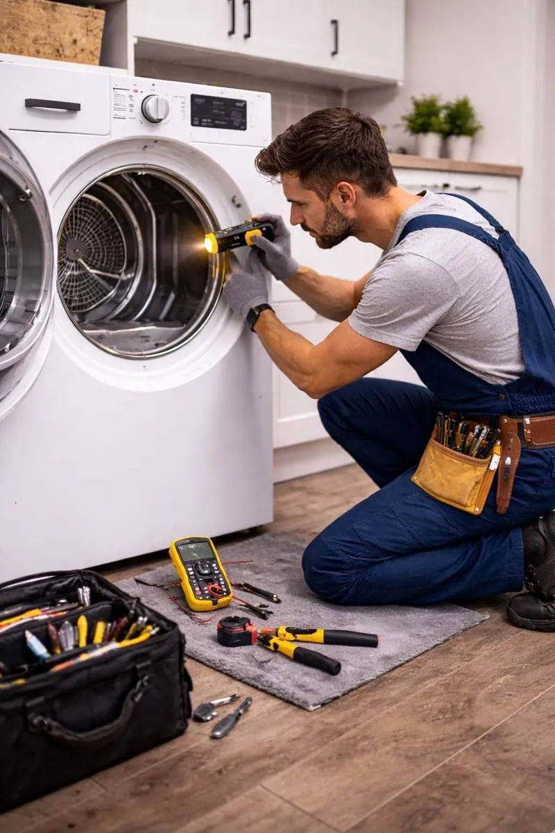 Technician diagnosing washer components